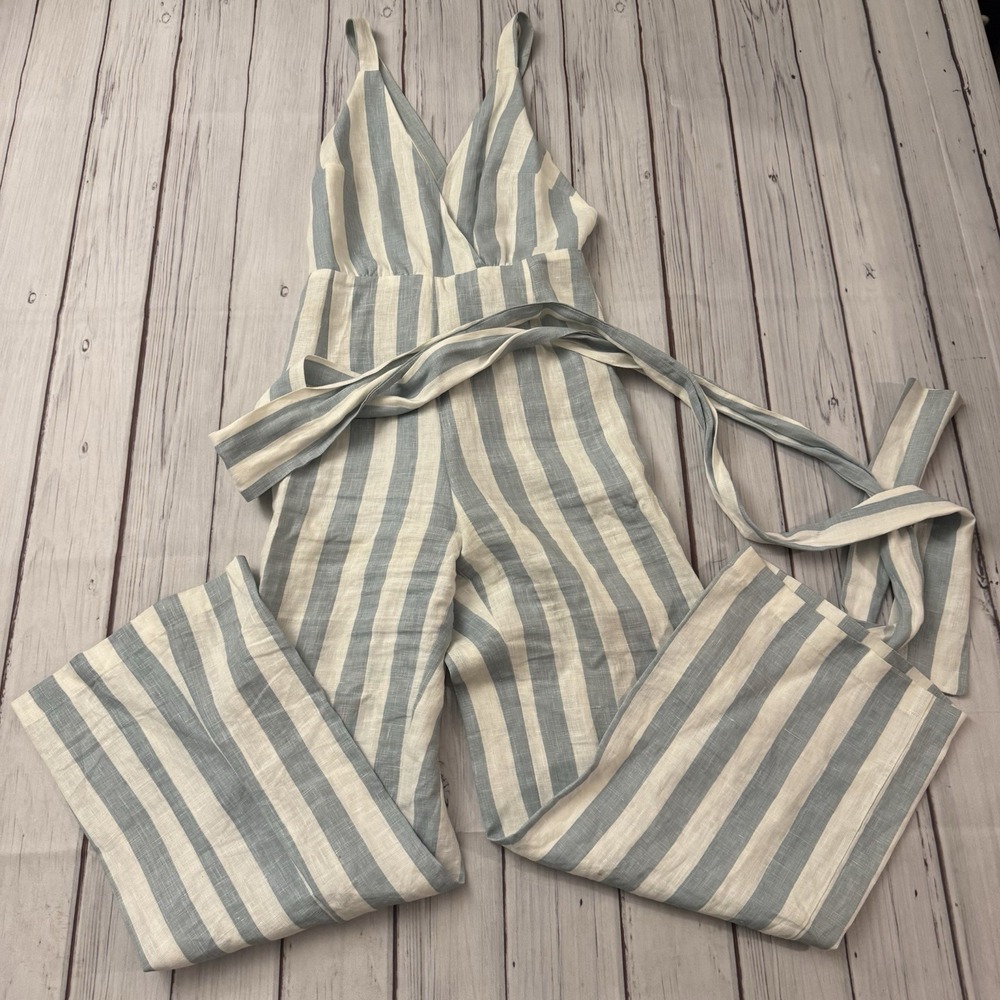 Reformation Striped Blue and Cream Linen-Blend Jumpsuit